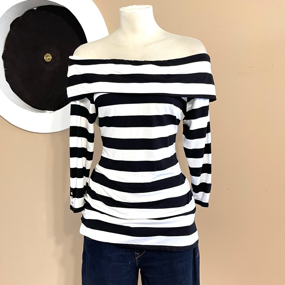 WHBM Off-Shoulder Striped Knit Top – Size Large, Tall-Friendly Fit